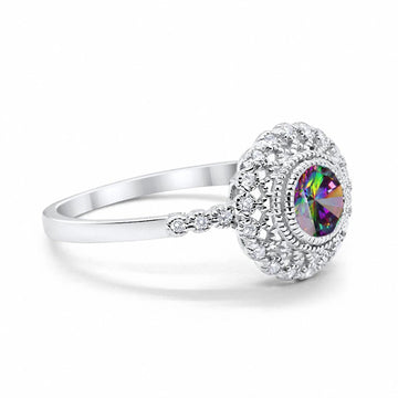 Halo Engagement Ring Bezel Round Simulated Rainbow CZ 925 Sterling Silver